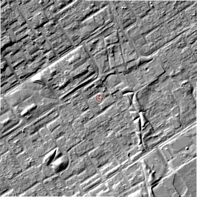 Shaded relief map of the ground around B357LB, computed from Environment Agency LiDAR. The ground here sits at about 82 m above sea level and falls 9 m across the surrounding 800 m. Surface water reaching this point runs off ground lying to the north, 3.4 m higher.