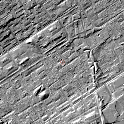 Shaded relief map of the ground around B357LD, computed from Environment Agency LiDAR. The ground here sits at about 81 m above sea level and falls 9 m across the surrounding 800 m. Surface water reaching this point runs off ground lying to the north, 4.1 m higher.