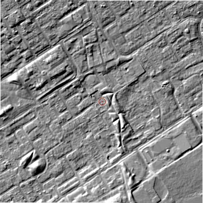 Shaded relief map of the ground around B357LE, computed from Environment Agency LiDAR. The ground here sits at about 82 m above sea level and falls 8 m across the surrounding 800 m. Surface water reaching this point runs off ground lying to the north-north-west, 4.7 m higher.