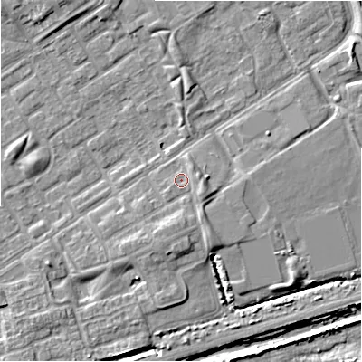 Shaded relief map of the ground around B357LF, computed from Environment Agency LiDAR. The ground here sits at about 82 m above sea level and falls 7 m across the surrounding 800 m. Surface water reaching this point runs off ground lying to the east-north-east, 1.9 m higher.