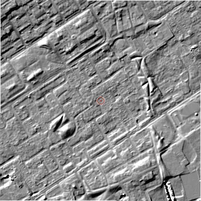 Shaded relief map of the ground around B357LG, computed from Environment Agency LiDAR. The ground here sits at about 81 m above sea level and falls 9 m across the surrounding 800 m. Surface water reaching this point runs off ground lying to the north-west, 0.9 m higher.