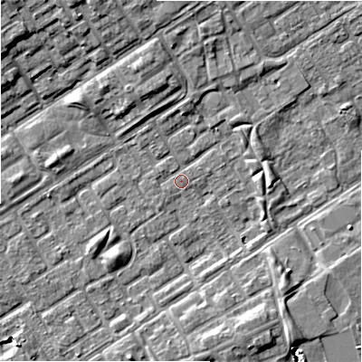 Shaded relief map of the ground around B357LJ, computed from Environment Agency LiDAR. The ground here sits at about 81 m above sea level and falls 9 m across the surrounding 800 m. Surface water reaching this point runs off ground lying to the north-north-west, 4.2 m higher.