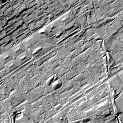 Shaded relief map of the ground around B357LL, computed from Environment Agency LiDAR. The ground here sits at about 81 m above sea level and falls 13 m across the surrounding 800 m. Surface water reaching this point runs off ground lying to the north, 4.8 m higher.