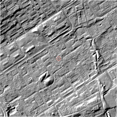 Shaded relief map of the ground around B357LN, computed from Environment Agency LiDAR. The ground here sits at about 81 m above sea level and falls 11 m across the surrounding 800 m. Surface water reaching this point runs off ground lying to the north, 4.2 m higher.