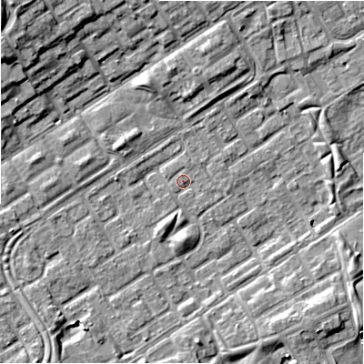 Shaded relief map of the ground around B357LP, computed from Environment Agency LiDAR. The ground here sits at about 81 m above sea level and falls 10 m across the surrounding 800 m. Surface water reaching this point runs off ground lying to the north-west, 9.0 m higher.