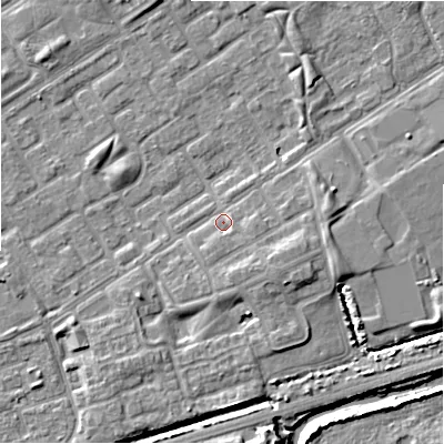 Shaded relief map of the ground around B357LQ, computed from Environment Agency LiDAR. The ground here sits at about 81 m above sea level and falls 7 m across the surrounding 800 m. Surface water reaching this point runs off ground lying to the east-north-east, 3.5 m higher.
