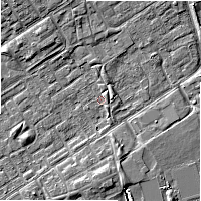 Shaded relief map of the ground around B357LR, computed from Environment Agency LiDAR. The ground here sits at about 81 m above sea level and falls 9 m across the surrounding 800 m. Surface water reaching this point runs off ground lying to the north-east, 2.3 m higher.