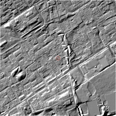 Shaded relief map of the ground around B357LS, computed from Environment Agency LiDAR. The ground here sits at about 81 m above sea level and falls 8 m across the surrounding 800 m. Surface water reaching this point runs off ground lying to the north, 3.8 m higher.