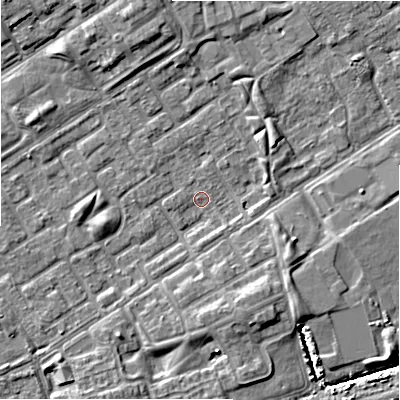 Shaded relief map of the ground around B357LU, computed from Environment Agency LiDAR. The ground here sits at about 81 m above sea level and falls 7 m across the surrounding 800 m. Surface water reaching this point runs off ground lying to the east-south-east, 4.2 m higher.