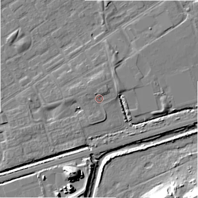 Shaded relief map of the ground around B357LW, computed from Environment Agency LiDAR. The ground here sits at about 82 m above sea level and falls 22 m across the surrounding 800 m. Surface water reaching this point runs off ground lying to the north, 2.1 m higher.