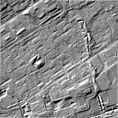 Shaded relief map of the ground around B357LX, computed from Environment Agency LiDAR. The ground here sits at about 81 m above sea level and falls 7 m across the surrounding 800 m. Surface water reaching this point runs off ground lying to the east-south-east, 4.2 m higher.