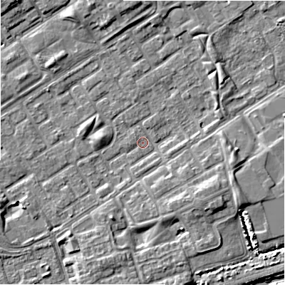 Shaded relief map of the ground around B357NA, computed from Environment Agency LiDAR. The ground here sits at about 80 m above sea level and falls 7 m across the surrounding 800 m. Surface water reaching this point runs off ground lying to the east, 4.2 m higher.
