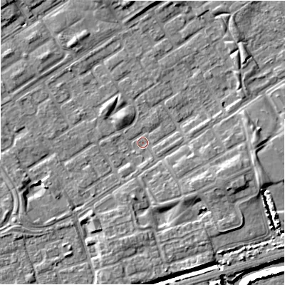 Shaded relief map of the ground around B357NB, computed from Environment Agency LiDAR. The ground here sits at about 80 m above sea level and falls 7 m across the surrounding 800 m. Surface water reaching this point runs off ground lying to the north, 4.6 m higher.