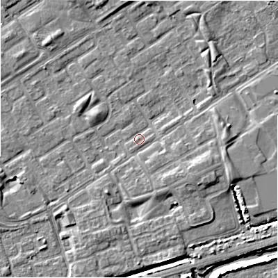 Shaded relief map of the ground around B357ND, computed from Environment Agency LiDAR. The ground here sits at about 81 m above sea level and falls 7 m across the surrounding 800 m. Surface water reaching this point runs off ground lying to the east, 4.0 m higher.