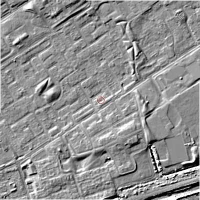 Shaded relief map of the ground around B357NE, computed from Environment Agency LiDAR. The ground here sits at about 81 m above sea level and falls 7 m across the surrounding 800 m. Surface water reaching this point runs off ground lying to the east, 4.0 m higher.