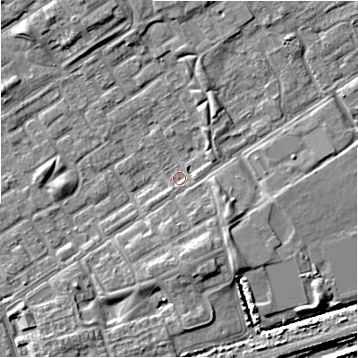 Shaded relief map of the ground around B357NF, computed from Environment Agency LiDAR. The ground here sits at about 81 m above sea level and falls 8 m across the surrounding 800 m. Surface water reaching this point runs off ground lying to the north, 3.8 m higher.