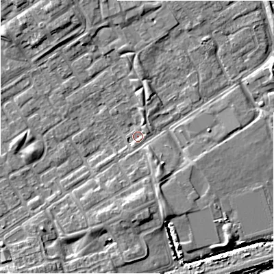 Shaded relief map of the ground around B357NG, computed from Environment Agency LiDAR. The ground here sits at about 81 m above sea level and falls 8 m across the surrounding 800 m. Surface water reaching this point runs off ground lying to the south-east, 3.2 m higher.