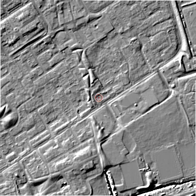 Shaded relief map of the ground around B357NH, computed from Environment Agency LiDAR. The ground here sits at about 81 m above sea level and falls 8 m across the surrounding 800 m. Surface water reaching this point runs off ground lying to the east-north-east, 3.3 m higher.