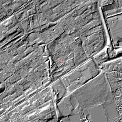 Shaded relief map of the ground around B357NJ, computed from Environment Agency LiDAR. The ground here sits at about 81 m above sea level and falls 8 m across the surrounding 800 m. Surface water reaching this point runs off ground lying to the north, 2.3 m higher.