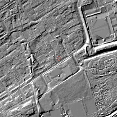 Shaded relief map of the ground around B357NL, computed from Environment Agency LiDAR. The ground here sits at about 82 m above sea level and falls 9 m across the surrounding 800 m. Surface water reaching this point runs off ground lying to the north-north-east, 3.4 m higher.