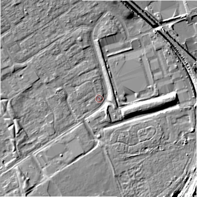 Shaded relief map of the ground around B357NR, computed from Environment Agency LiDAR. The ground here sits at about 82 m above sea level and falls 10 m across the surrounding 800 m. Surface water reaching this point runs off ground lying to the north-north-west, 4.5 m higher.