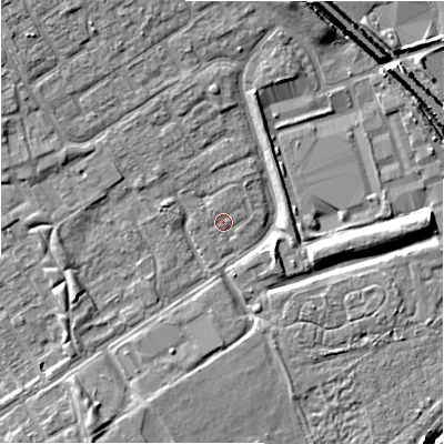 Shaded relief map of the ground around B357NS, computed from Environment Agency LiDAR. The ground here sits at about 82 m above sea level and falls 10 m across the surrounding 800 m. Surface water reaching this point runs off ground lying to the north, 1.5 m higher.