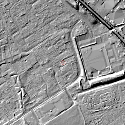 Shaded relief map of the ground around B357NT, computed from Environment Agency LiDAR. The ground here sits at about 82 m above sea level and falls 10 m across the surrounding 800 m. Surface water reaching this point runs off ground lying to the north-north-east, 0.7 m higher.