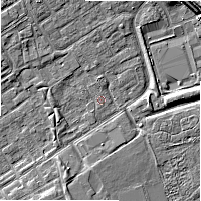 Shaded relief map of the ground around B357NU, computed from Environment Agency LiDAR. The ground here sits at about 82 m above sea level and falls 8 m across the surrounding 800 m. Surface water reaching this point runs off ground lying to the south-west, 0.7 m higher.