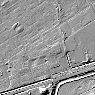 Shaded relief map of the ground around B357NW, computed from Environment Agency LiDAR. The ground here sits at about 83 m above sea level and falls 19 m across the surrounding 800 m. Surface water reaching this point runs off ground lying to the east, 1.8 m higher.
