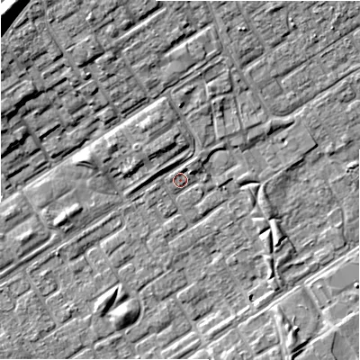 Shaded relief map of the ground around B357PT, computed from Environment Agency LiDAR. The ground here sits at about 82 m above sea level and falls 13 m across the surrounding 800 m. Surface water reaching this point runs off ground lying to the north-east, 2.2 m higher.
