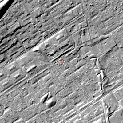 Shaded relief map of the ground around B357PU, computed from Environment Agency LiDAR. The ground here sits at about 82 m above sea level and falls 14 m across the surrounding 800 m. Surface water reaching this point runs off ground lying to the north, 3.5 m higher.
