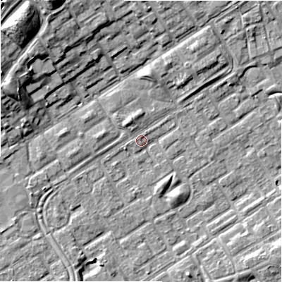 Shaded relief map of the ground around B357PX, computed from Environment Agency LiDAR. The ground here sits at about 81 m above sea level and falls 14 m across the surrounding 800 m. Surface water reaching this point runs off ground lying to the north-west, 12.9 m higher.