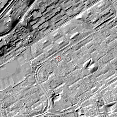 Shaded relief map of the ground around B357PY, computed from Environment Agency LiDAR. The ground here sits at about 81 m above sea level and falls 15 m across the surrounding 800 m. Surface water reaching this point runs off ground lying to the west-south-west, 2.0 m higher.