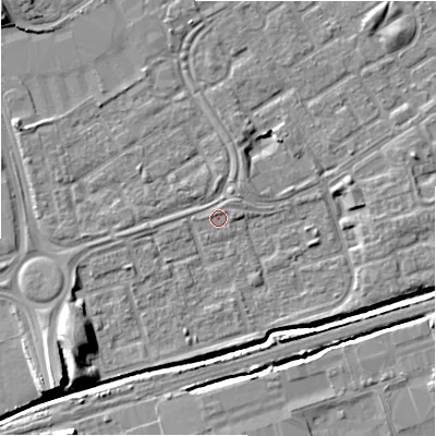Shaded relief map of the ground around B357QD, computed from Environment Agency LiDAR. The ground here sits at about 82 m above sea level and falls 10 m across the surrounding 800 m. Surface water reaching this point runs off ground lying to the north-north-east, 1.5 m higher.