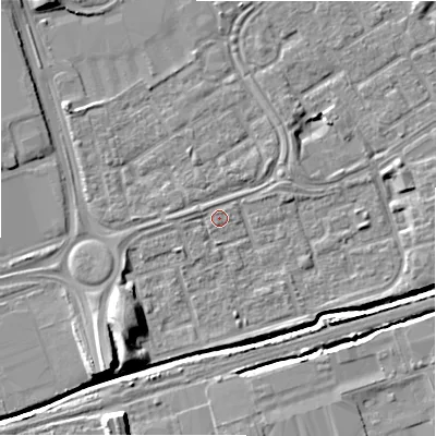 Shaded relief map of the ground around B357QE, computed from Environment Agency LiDAR. The ground here sits at about 82 m above sea level and falls 10 m across the surrounding 800 m. Surface water reaching this point runs off ground lying to the west, 1.2 m higher.