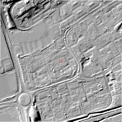 Shaded relief map of the ground around B357QG, computed from Environment Agency LiDAR. The ground here sits at about 82 m above sea level and falls 13 m across the surrounding 800 m. Surface water reaching this point runs off ground lying to the west, 2.6 m higher.