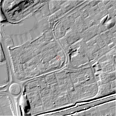 Shaded relief map of the ground around B357QH, computed from Environment Agency LiDAR. The ground here sits at about 81 m above sea level and falls 11 m across the surrounding 800 m. Surface water reaching this point runs off ground lying to the west, 2.6 m higher.