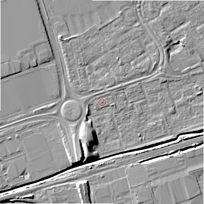 Shaded relief map of the ground around B357QJ, computed from Environment Agency LiDAR. The ground here sits at about 82 m above sea level and falls 9 m across the surrounding 800 m. Surface water reaching this point runs off ground lying to the east-south-east, 1.2 m higher.