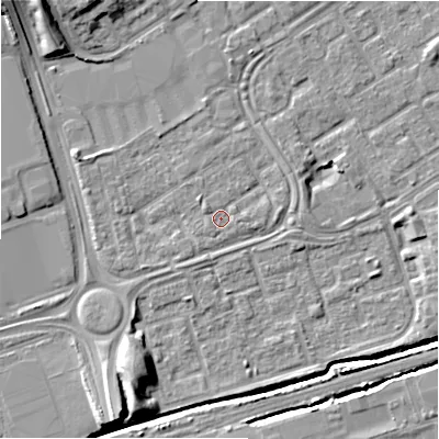 Shaded relief map of the ground around B357QL, computed from Environment Agency LiDAR. The ground here sits at about 82 m above sea level and falls 11 m across the surrounding 800 m. Surface water reaching this point runs off ground lying to the north-west, 1.1 m higher.