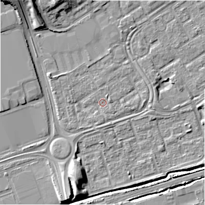 Shaded relief map of the ground around B357QN, computed from Environment Agency LiDAR. The ground here sits at about 82 m above sea level and falls 11 m across the surrounding 800 m. Surface water reaching this point runs off ground lying to the south-west, 1.7 m higher.