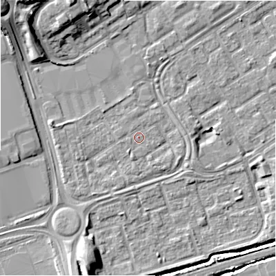 Shaded relief map of the ground around B357QP, computed from Environment Agency LiDAR. The ground here sits at about 82 m above sea level and falls 14 m across the surrounding 800 m. Surface water reaching this point runs off ground lying to the west, 2.4 m higher.