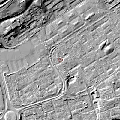 Shaded relief map of the ground around B357QQ, computed from Environment Agency LiDAR. The ground here sits at about 81 m above sea level and falls 17 m across the surrounding 800 m. Surface water reaching this point runs off ground lying to the west-south-west, 2.9 m higher.