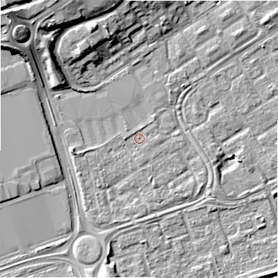 Shaded relief map of the ground around B357QR, computed from Environment Agency LiDAR. The ground here sits at about 82 m above sea level and falls 16 m across the surrounding 800 m. Surface water reaching this point runs off ground lying to the west-south-west, 2.0 m higher.