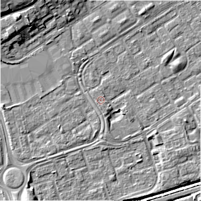 Shaded relief map of the ground around B357QW, computed from Environment Agency LiDAR. The ground here sits at about 82 m above sea level and falls 14 m across the surrounding 800 m. Surface water reaching this point runs off ground lying to the south-south-east, 0.9 m higher.