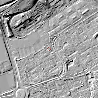 Shaded relief map of the ground around B357QX, computed from Environment Agency LiDAR. The ground here sits at about 82 m above sea level and falls 16 m across the surrounding 800 m. Surface water reaching this point runs off ground lying to the west-north-west, 0.7 m higher.