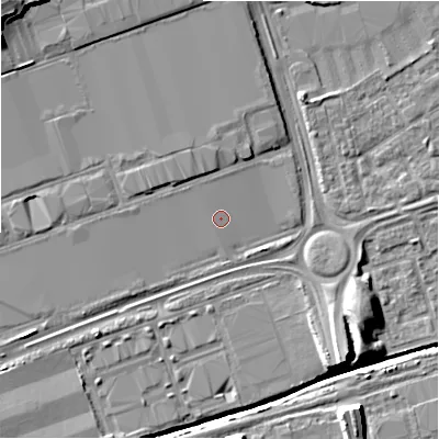 Shaded relief map of the ground around B357RA, computed from Environment Agency LiDAR. The ground here sits at about 82 m above sea level and falls 10 m across the surrounding 800 m. The ground contributing surface water to this point lies to the west.