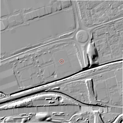 Shaded relief map of the ground around B357RD, computed from Environment Agency LiDAR. The ground here sits at about 83 m above sea level and falls 9 m across the surrounding 800 m. The ground contributing surface water to this point lies to the south-west.
