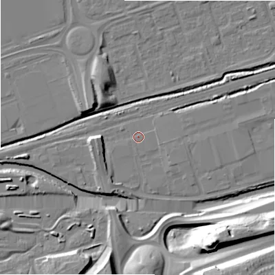 Shaded relief map of the ground around B357XX, computed from Environment Agency LiDAR. The ground here sits at about 82 m above sea level and falls 32 m across the surrounding 800 m. Surface water reaching this point runs off ground lying to the south-west, 0.6 m higher.