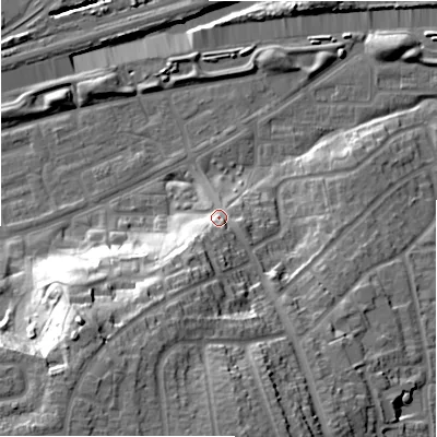 Shaded relief map of the ground around B368BT, computed from Environment Agency LiDAR. The ground here sits at about 90 m above sea level and falls 32 m across the surrounding 800 m. Surface water reaching this point runs off ground lying to the south-south-west, 12.7 m higher.