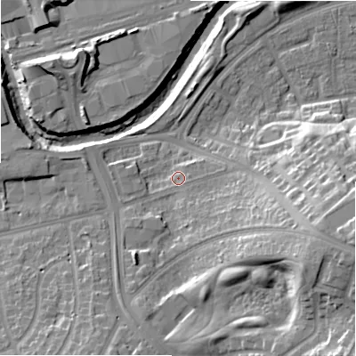 Shaded relief map of the ground around B368HT, computed from Environment Agency LiDAR. The ground here sits at about 88 m above sea level and falls 26 m across the surrounding 800 m. Surface water reaching this point runs off ground lying to the east-south-east, 14.6 m higher.